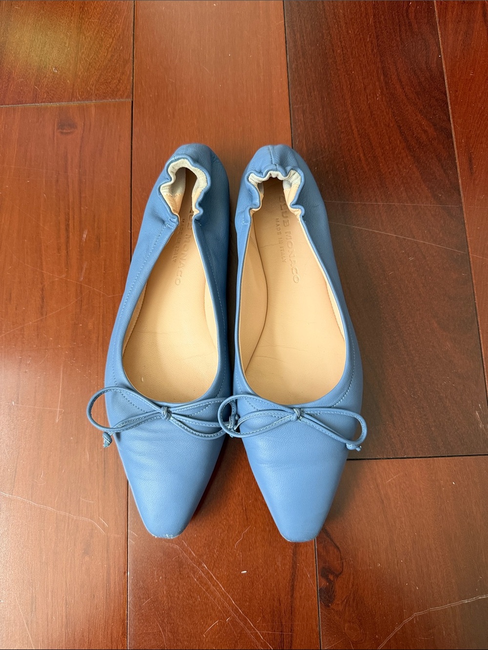 Club Monaco Blue Pointed-Toe Leather Ballet Flats with Bow